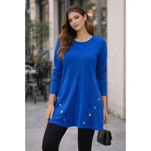 JM Collection Womens Cobalt Blue Tunic Sweater Gold Button Detail Medium